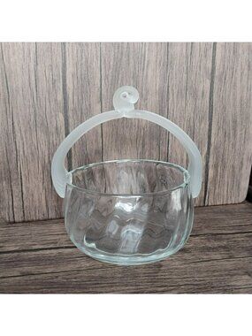 Vintage 70s Hand Blown Clear Art Glass Optic Basket, Frosted Satin Handle, MCM